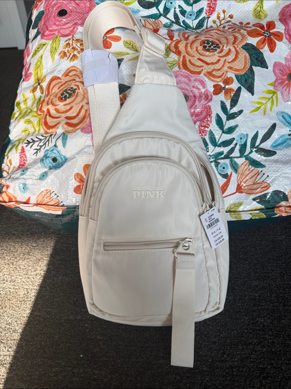 PINK Victoria's Secret Cream Nylon Sling Backpack